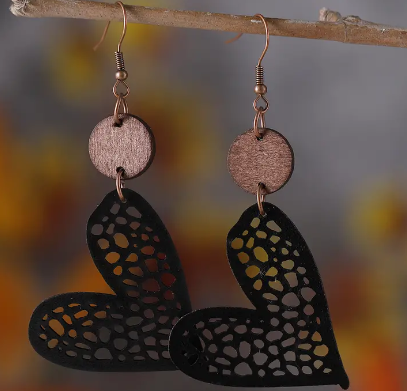 Hollow Leather Heart Design Earrings- Black, Beige, Coffee