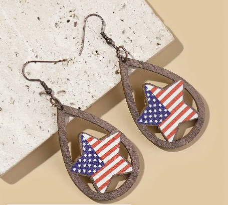 Star Wooden Patriotic Flag Earrings