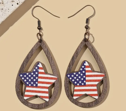 Star Wooden Patriotic Flag Earrings