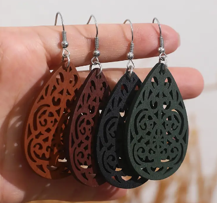 Boho Wooden Waterdrop Shape Dangle Earrings- Black, Tan, Brown, Green