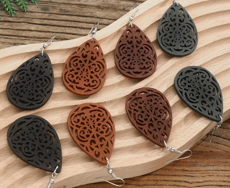 Boho Wooden Waterdrop Shape Dangle Earrings- Black, Tan, Brown, Green