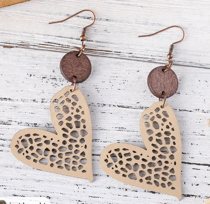 Hollow Leather Heart Design Earrings- Black, Beige, Coffee