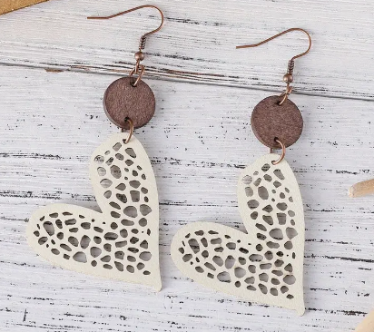 Hollow Leather Heart Design Earrings- Black, Beige, Coffee