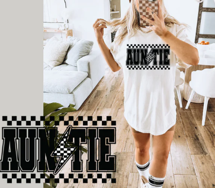 Auntie with checkered lightning bolt