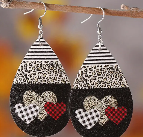 Heart Leopard Droplet Shaped Leather Earrings